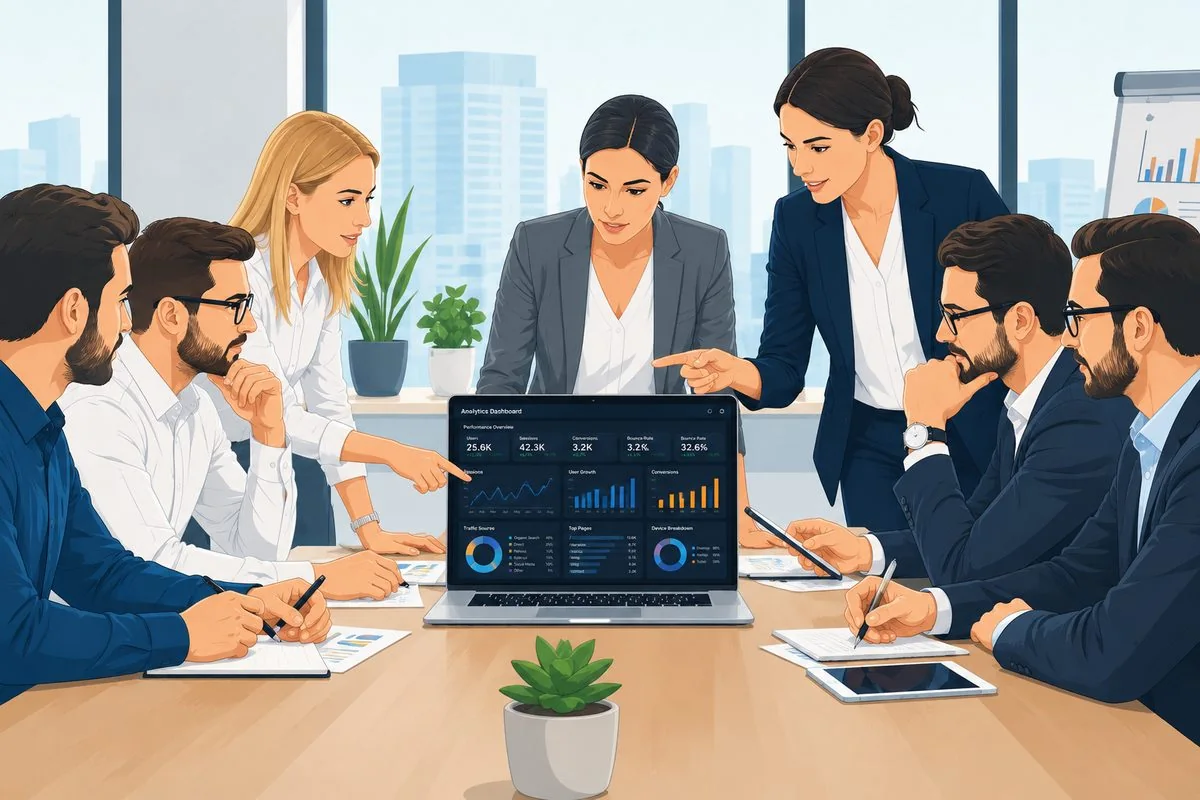 Professional SEO team reviewing website growth strategy